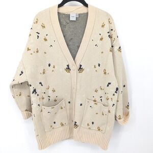 ICHI Boyfriend Cardigan Womens M/L‎ Beige V-Neck Pockets Oversized Heavy Sweater